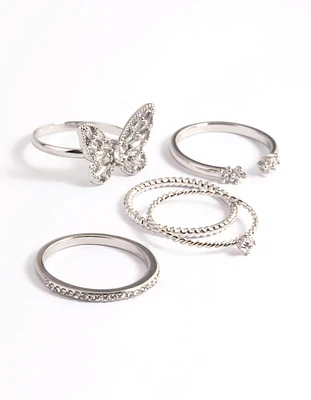 Rhodium Cubic Zirconia Butterfly Ring Stack Pack