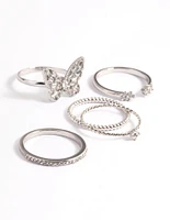 Rhodium Cubic Zirconia Butterfly Ring Stack Pack