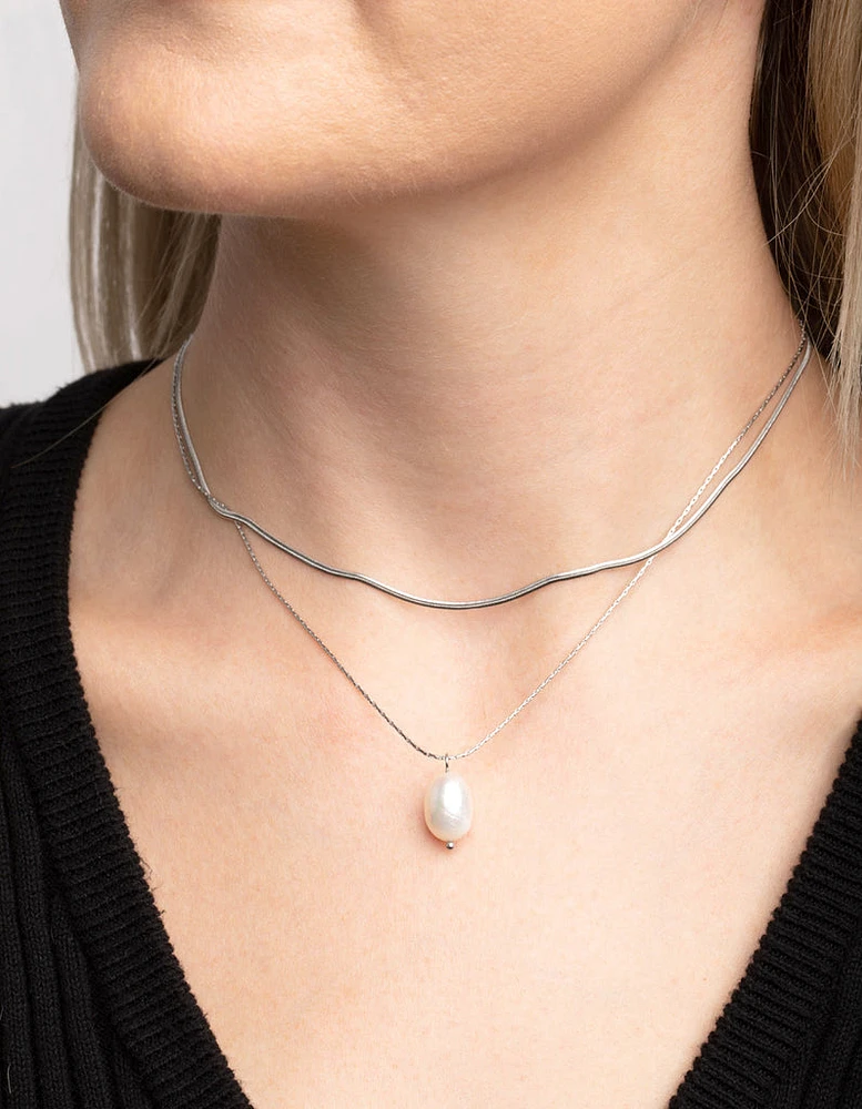 Surgical Steel Snake Chain & Freshwater Pearl Necklace