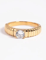 Gold Plated Stainless Steel Line Detail Cubic Zirconia Ring