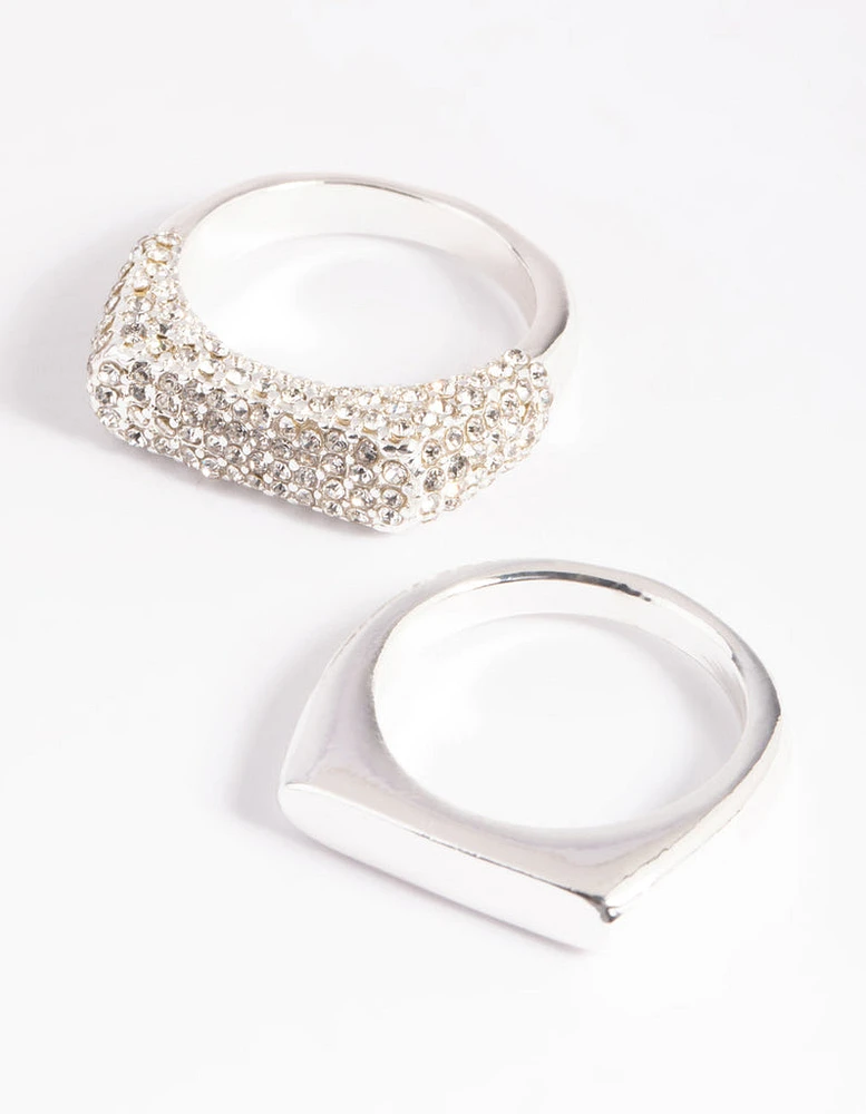 Silver Plated Diamante Smooth Ring Set