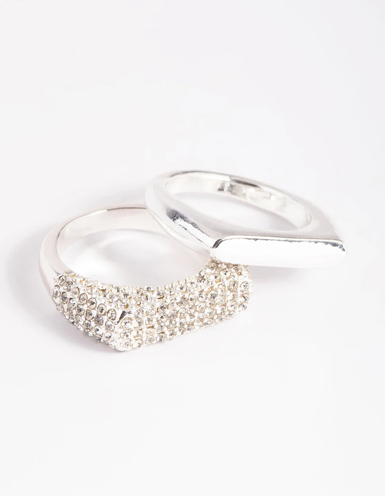 Silver Plated Diamante Smooth Ring Set