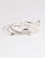 Silver Cubic Zirconia Butterfly Ring Stack Pack