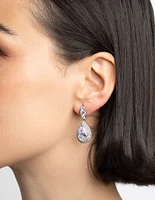 Rhodium Diamond Simulant Oval Halo Drop Earrings