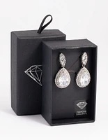 Rhodium Diamond Simulant Oval Halo Drop Earrings