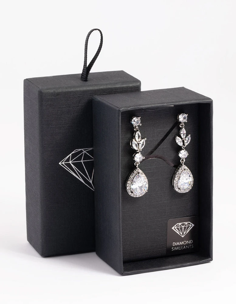 Rhodium Diamond Simulant Teardrop Earrings