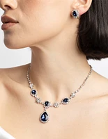 Rhodium Diamond Simulant Sapphire Flower Necklace & Earrings Set