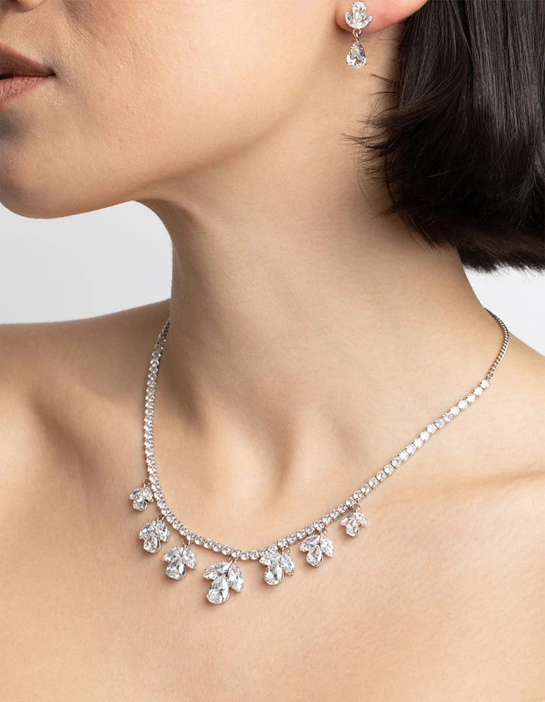 Rhodium Diamond Simulant Flower Necklace & Earrings Set