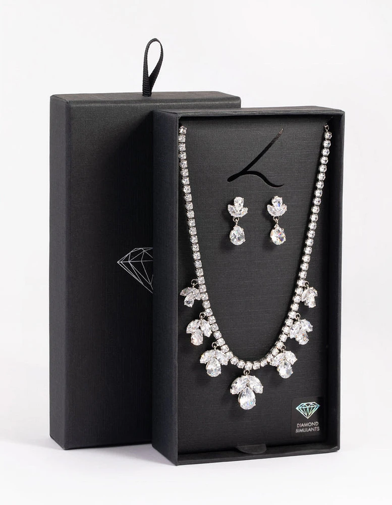 Rhodium Diamond Simulant Flower Necklace & Earrings Set