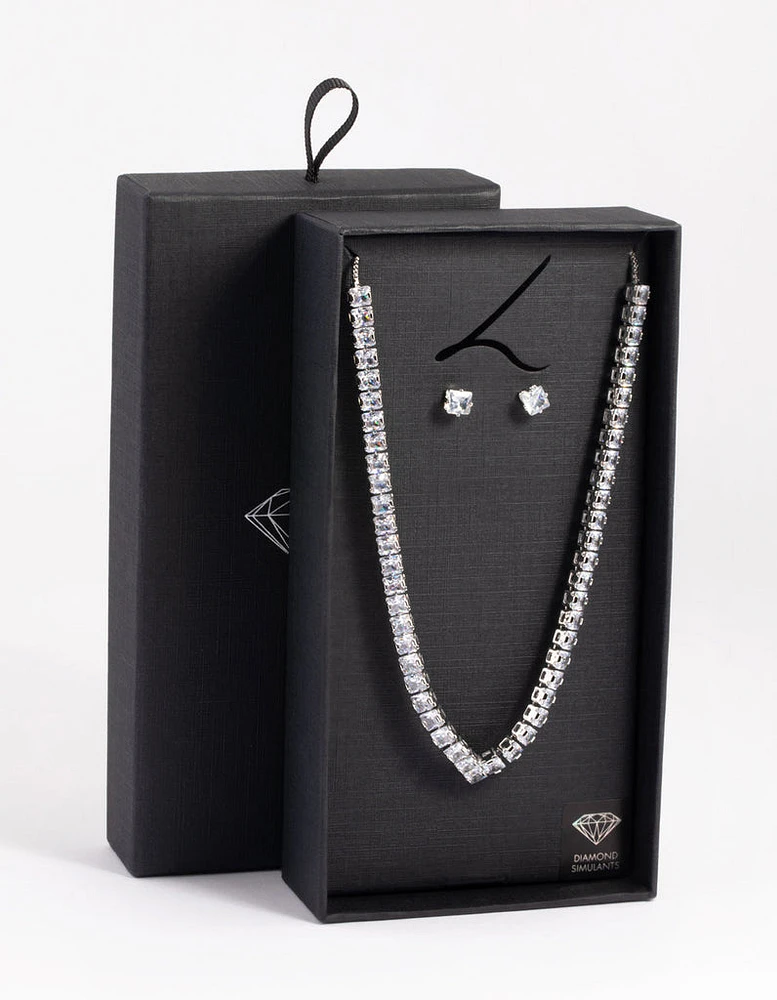 Rhodium Diamond Simulant Square Necklace & Earrings Set