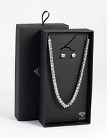 Rhodium Diamond Simulant Square Necklace & Earrings Set
