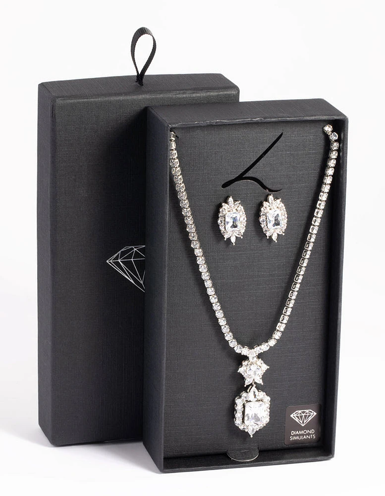 Rhodium Diamond Simulant Vintage Necklace & Earrings Set