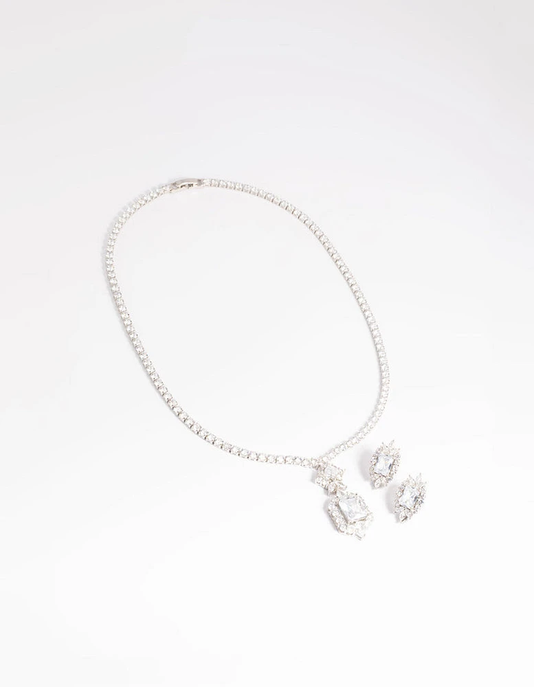 Rhodium Diamond Simulant Vintage Necklace & Earrings Set