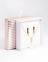Gold Diamond Cross Earrings & Necklaces Giftbox
