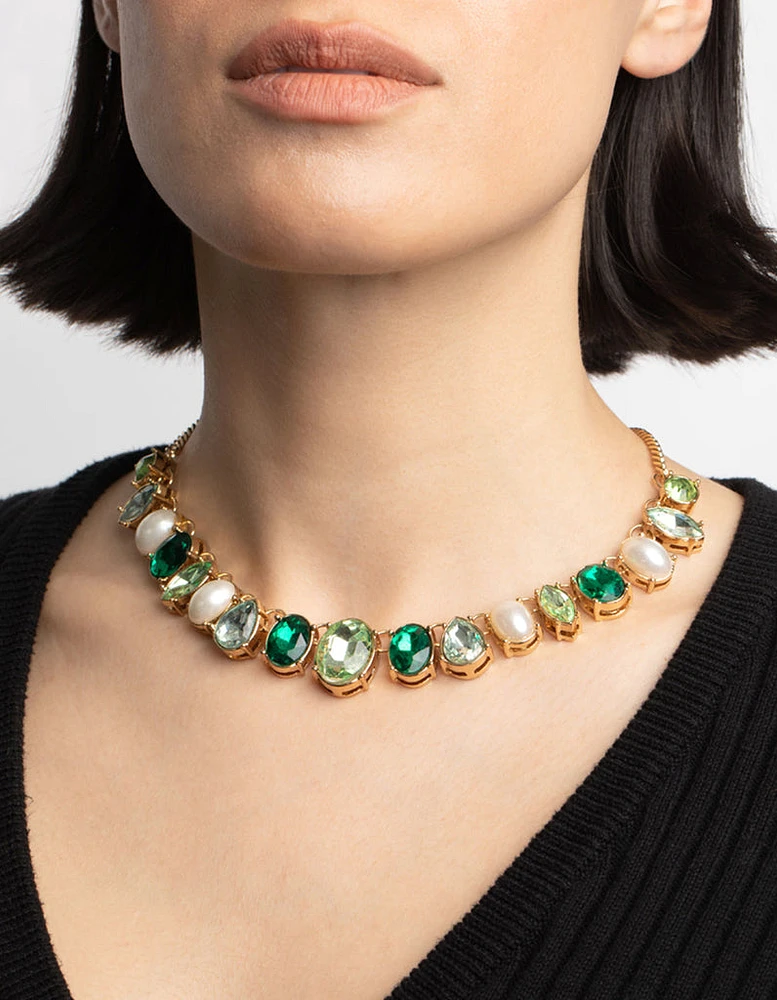 Green Stone & Pearl Collar Necklace