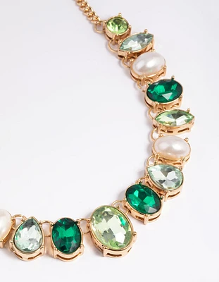 Green Stone & Pearl Collar Necklace