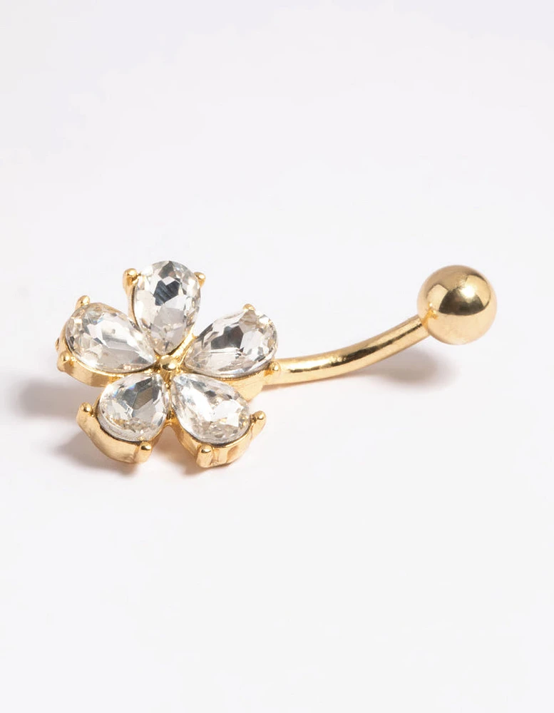 Gold Plated Surgical Steel Diamante Flower Belly Bar