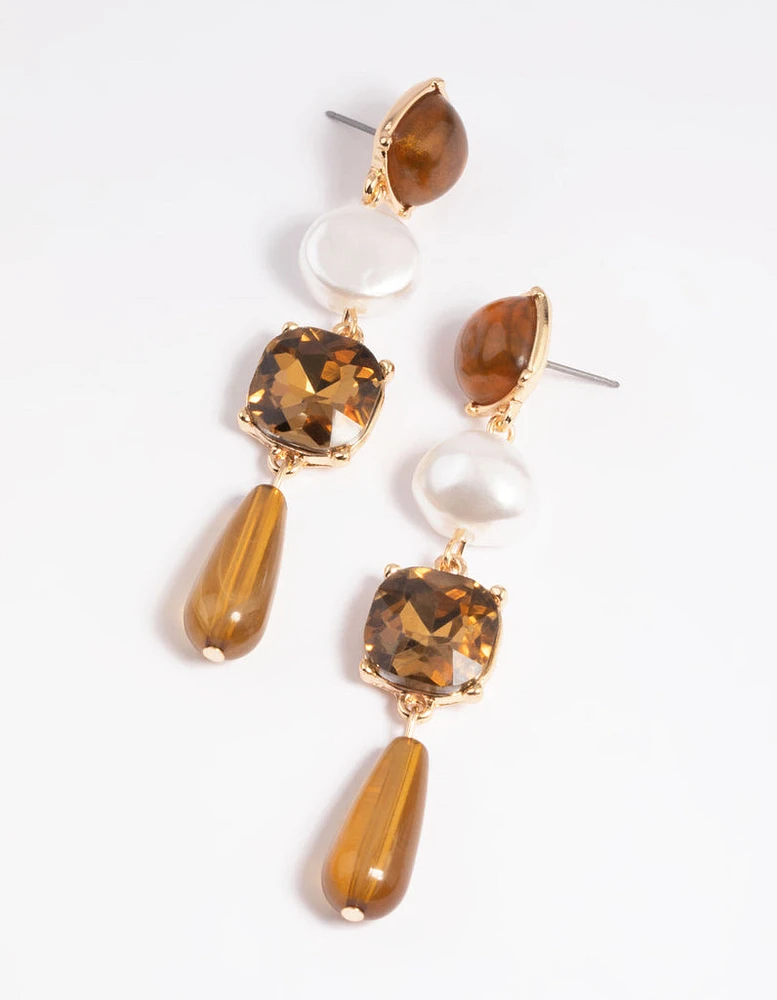 Brown Pearl & Diamante Mixed Drop Earrings