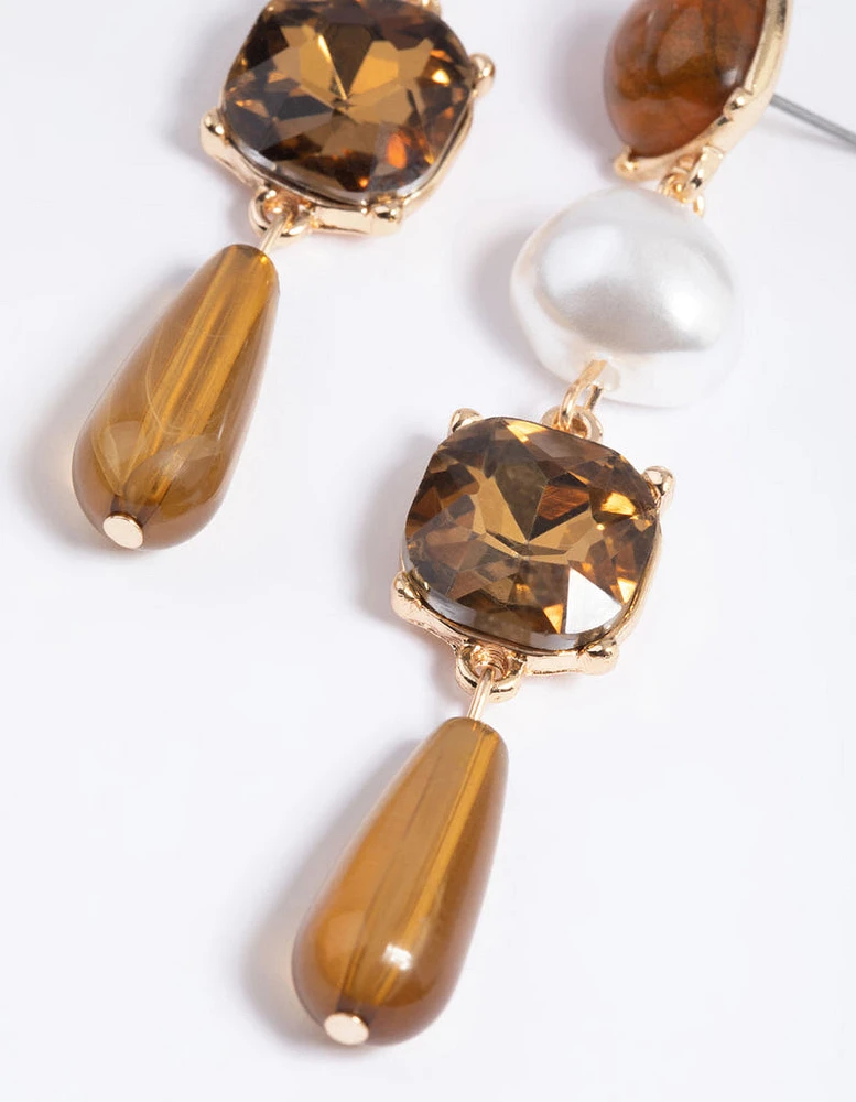 Brown Pearl & Diamante Mixed Drop Earrings