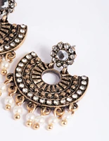 Antique Gold Diamante & Pearl Vintage Drop Earrings