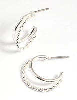 Silver Twisted Huggie Hoop Earrings