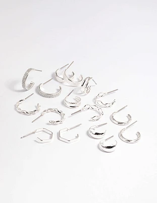 Silver Textured Glitter Hoop Earring 8-Pack