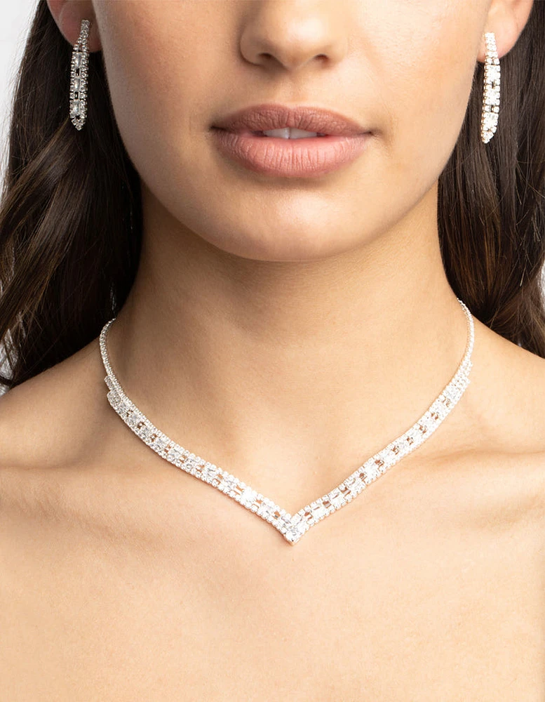 Silver Cubic Zirconia Statement Necklace & Earrings Set