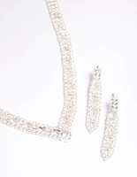 Silver Cubic Zirconia Statement Necklace & Earrings Set