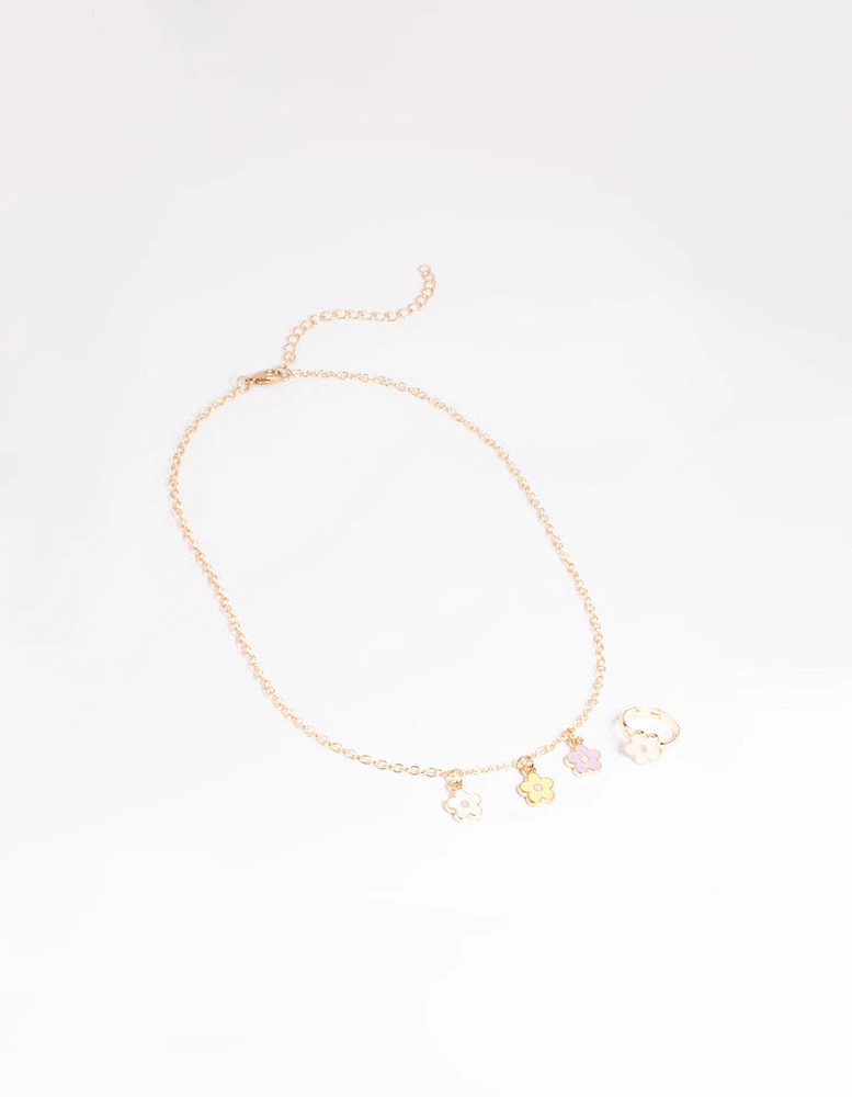 Kids Pastel Daisy Necklace & Ring Set