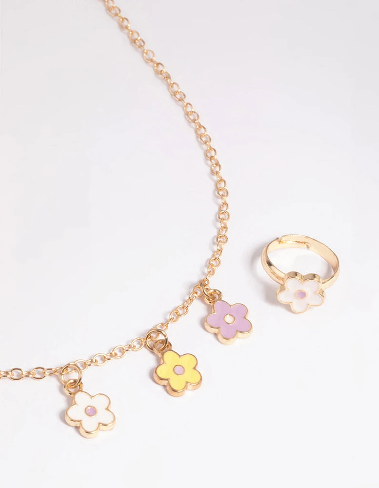 Kids Pastel Daisy Necklace & Ring Set