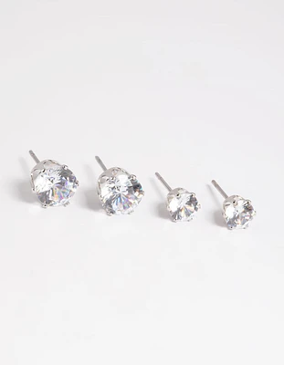 Silver Diamond Simulant Classic Stud Earring Set