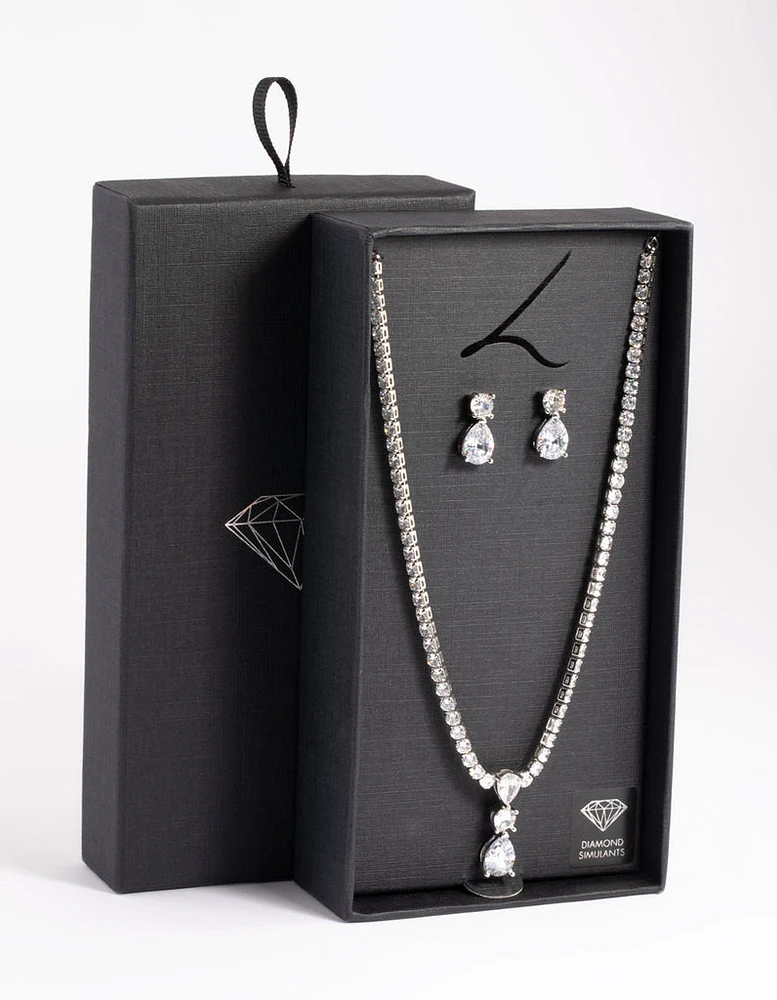 Rhodium Diamond Simulant Necklace & Earrings Set