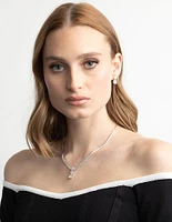 Rhodium Diamond Simulant Necklace & Earrings Set