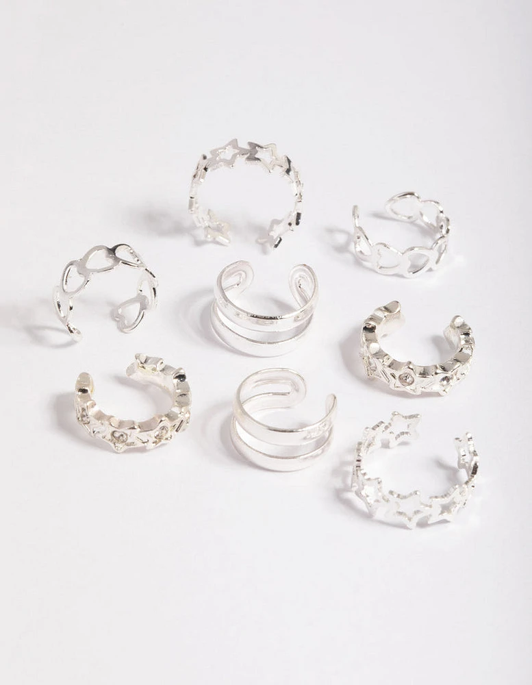 Silver Starry Heart Cuff Earring 8-Pack