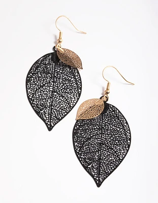 Black Double Leaf Drop Earrings