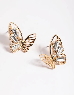 Gold Crystal Diamante Butterfly Stud Earrings