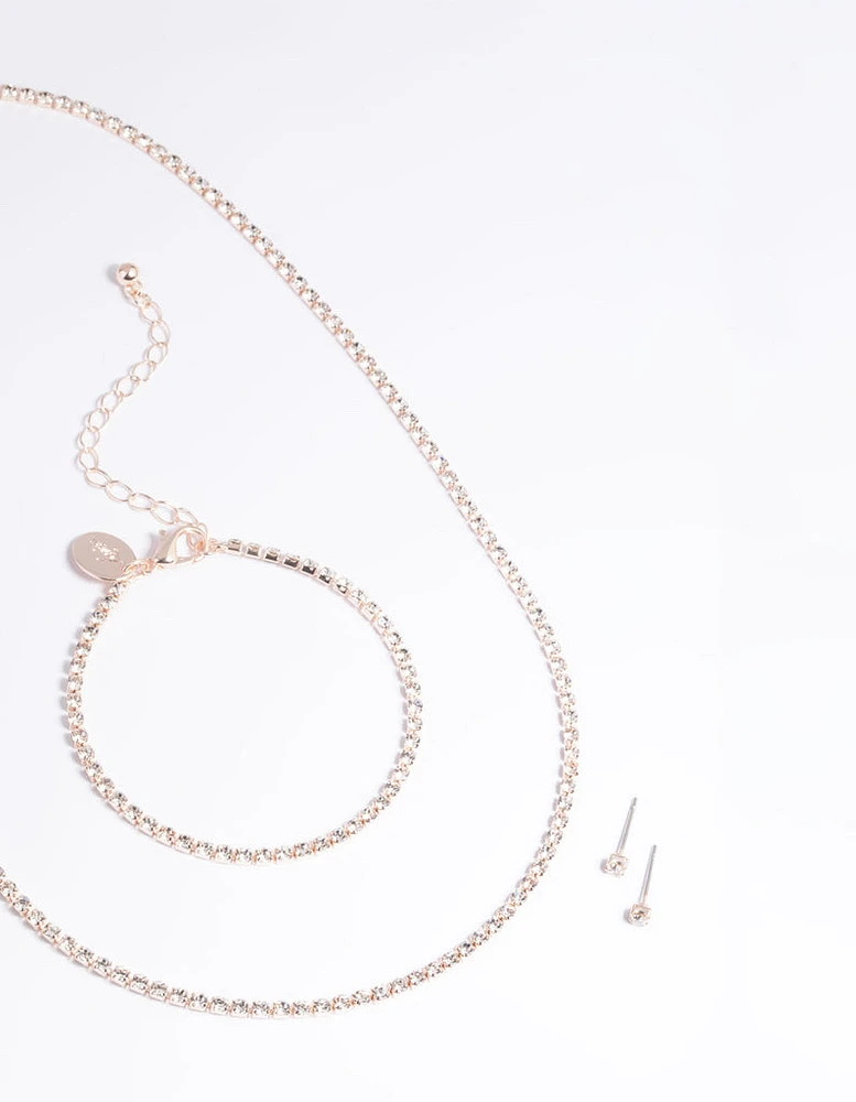 Rose Gold Diamante Necklace Bracelet & Earrings Set