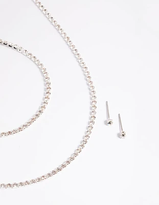 Silver Diamante Necklace Bracelet & Earrings Set