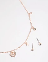 Rose Gold Heart Droplet Necklace & Earrings Set