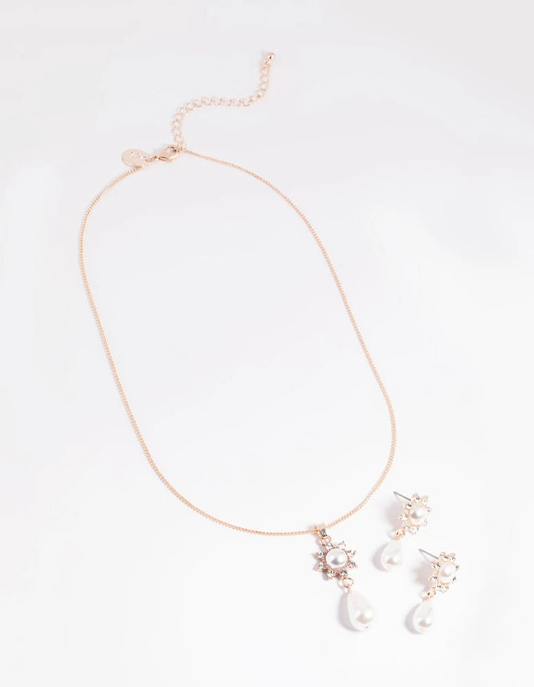 Rose Gold Pearl Flower Necklace & Earrings Set