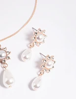 Rose Gold Pearl Flower Necklace & Earrings Set