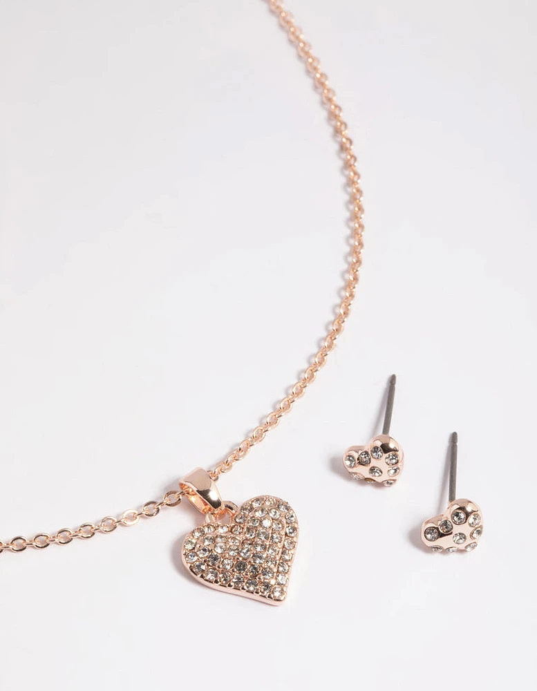 Rose Gold Pave Heart Necklace & Earrings Set