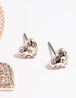 Rose Gold Pave Heart Necklace & Earrings Set