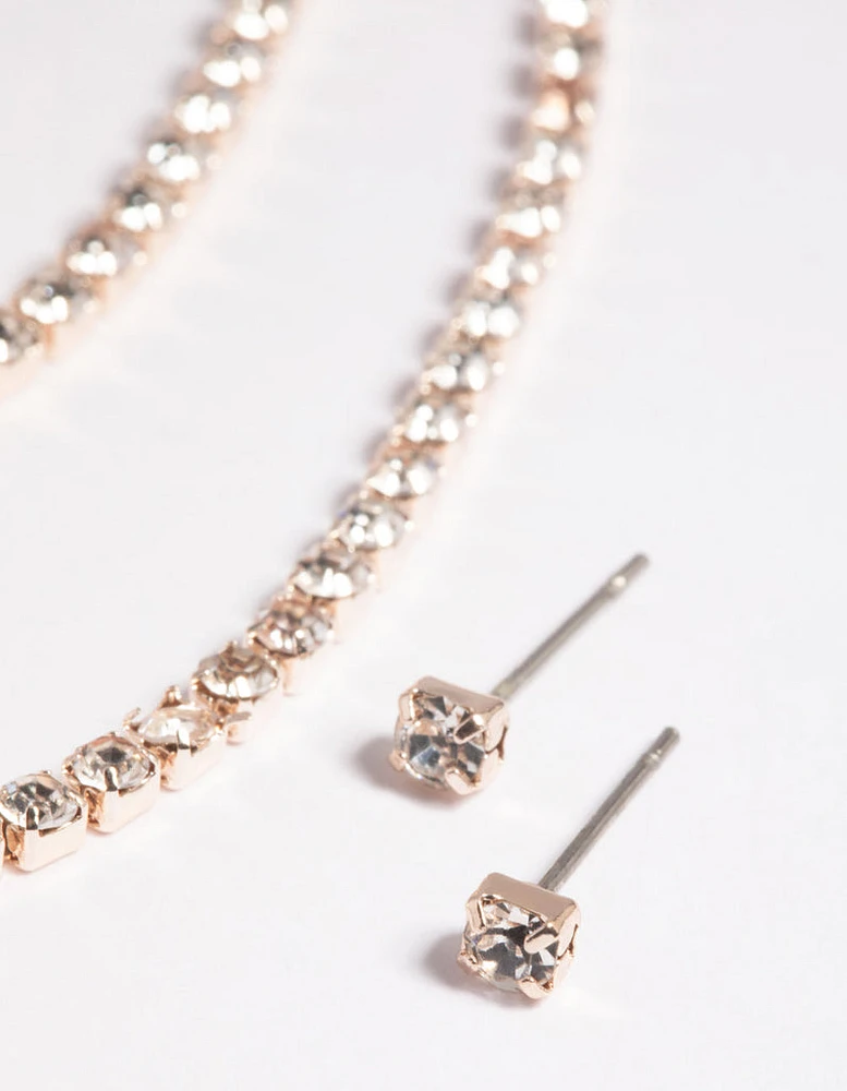 Rose Gold Diamante Layered Necklace & Earrings Set