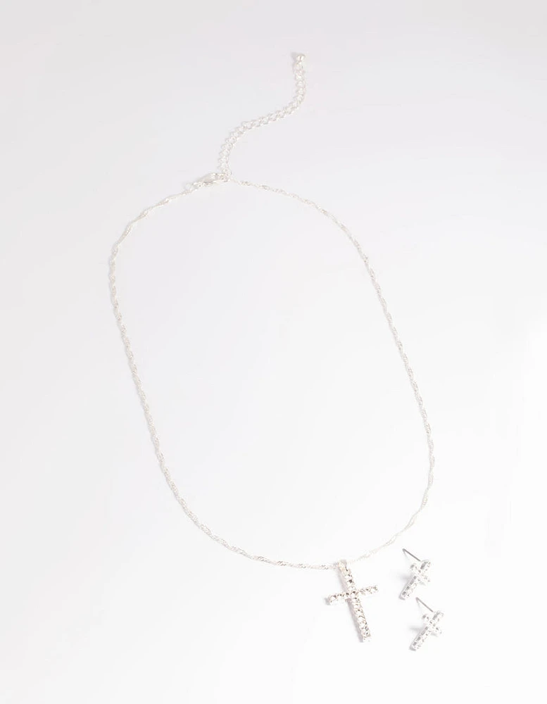 Silver Diamante Cross Necklace & Earrings Set