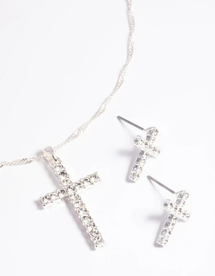 Silver Diamante Cross Necklace & Earrings Set