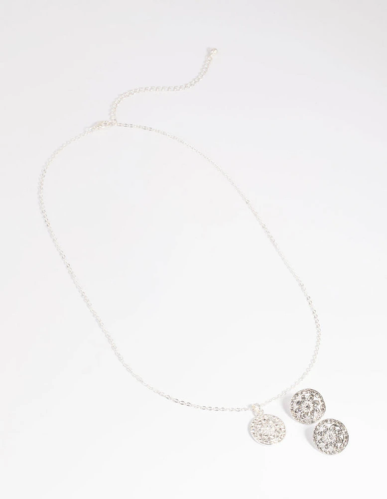 Diamante Flower Pave Necklace & Earrings Set