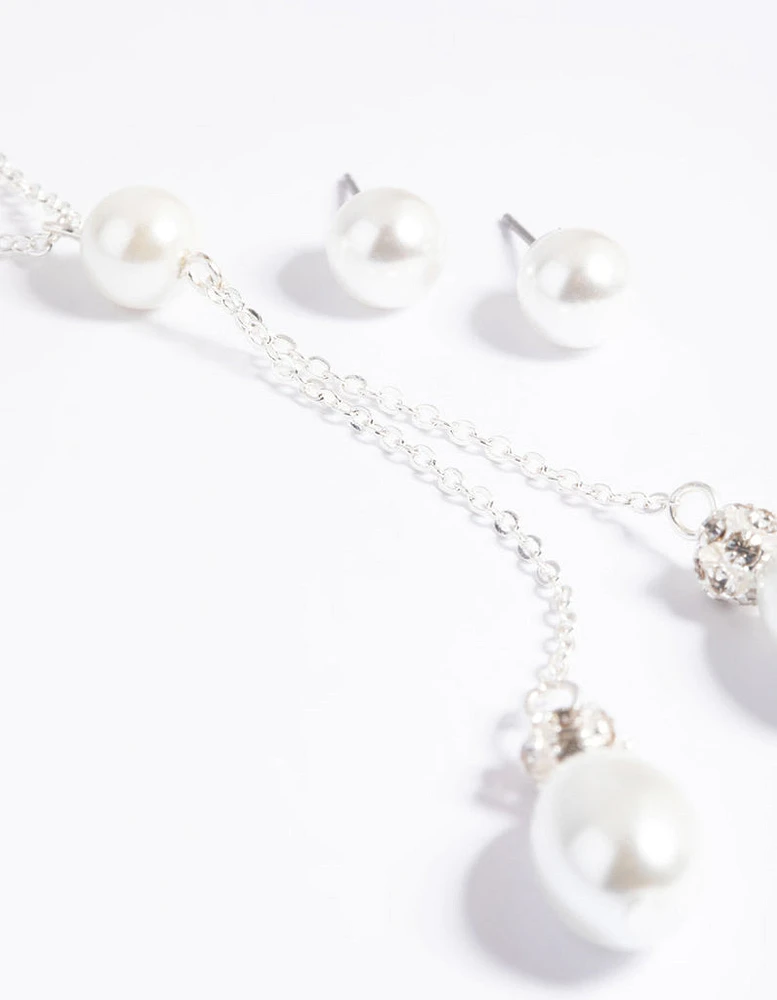 Silver Pearl Necklace & Earrings Set