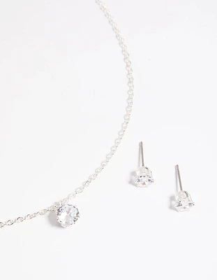 Silver Dainty Diamante Necklace & Earrings Set