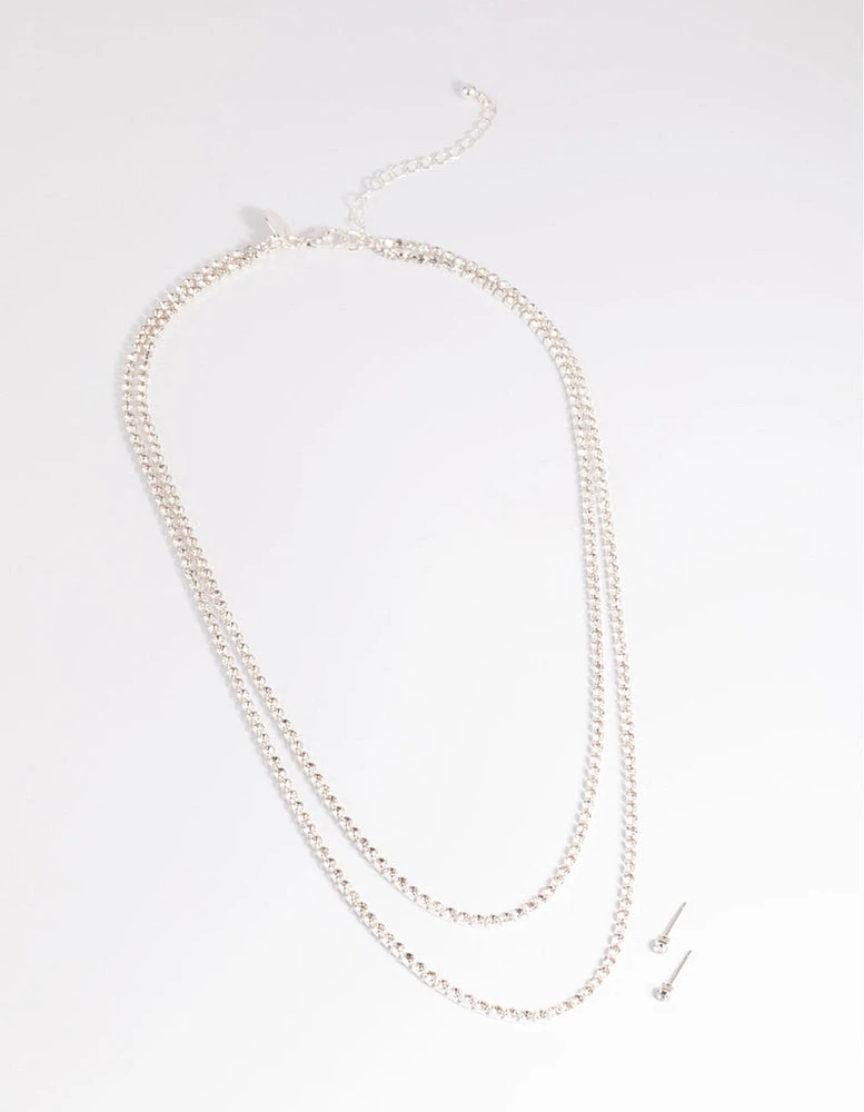 Silver Diamante Layered Necklace & Earrings Set